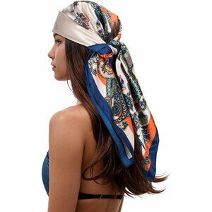 Women's Beige/Orange Head Scarf Like Silk Printed Square Hair Bandanas 35 Inches